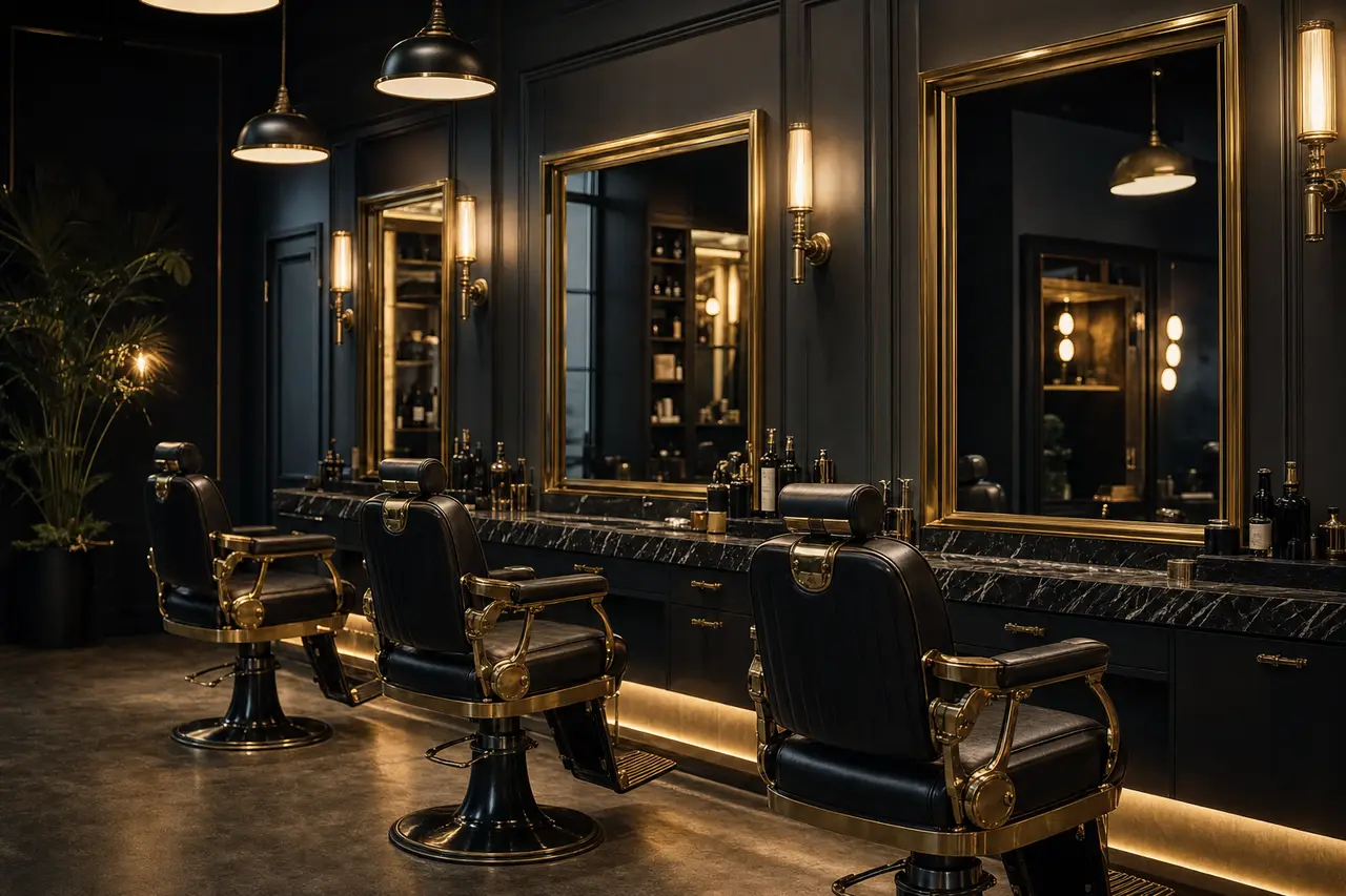 Intérieur du salon avec fauteuils de barbier et miroirs aux cadres dorés